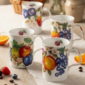 LASCELLES VTG Multicolor Fruit Cottage Farmhouse Fine China Mugs/Cups Set of (4)